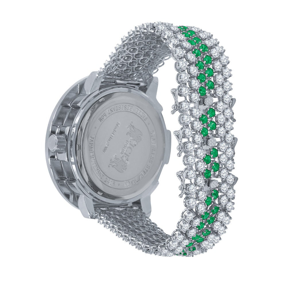 Mens Green Emerald Custom Watch Real Diamond Dial 18k White Gold Finish Stainless Steel Back XL 60mm W/Date