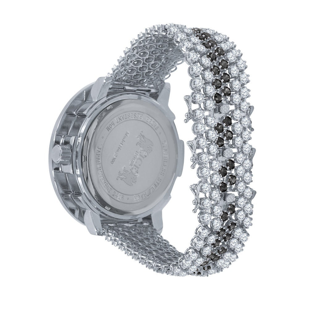 Mens 18K White Gold Finish Stainless Steel Back W/Date Watch Real Diamond Dial Black Solitaire Iced Out
