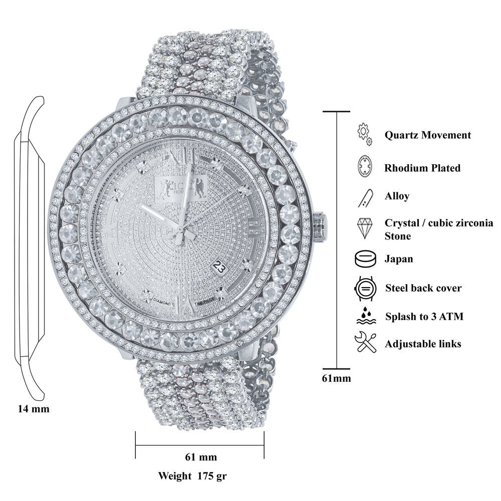 Mens Iced Out Watch W/Date Roman Face Solid Steel 18K White Gold Tone Custom Band Solitaire Bezel