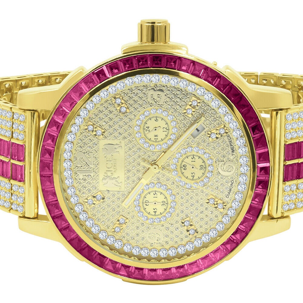 Mens Genuine Diamond Dial Stainless Steel Pink Face Custom Bezel Gold Tone Adjustable Band Watch W/Date