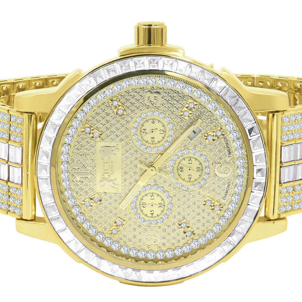 Adjustable Band Mens 18K Yellow Gold Finish Solid Steel Bezel Custom Band Watch W/Date Function