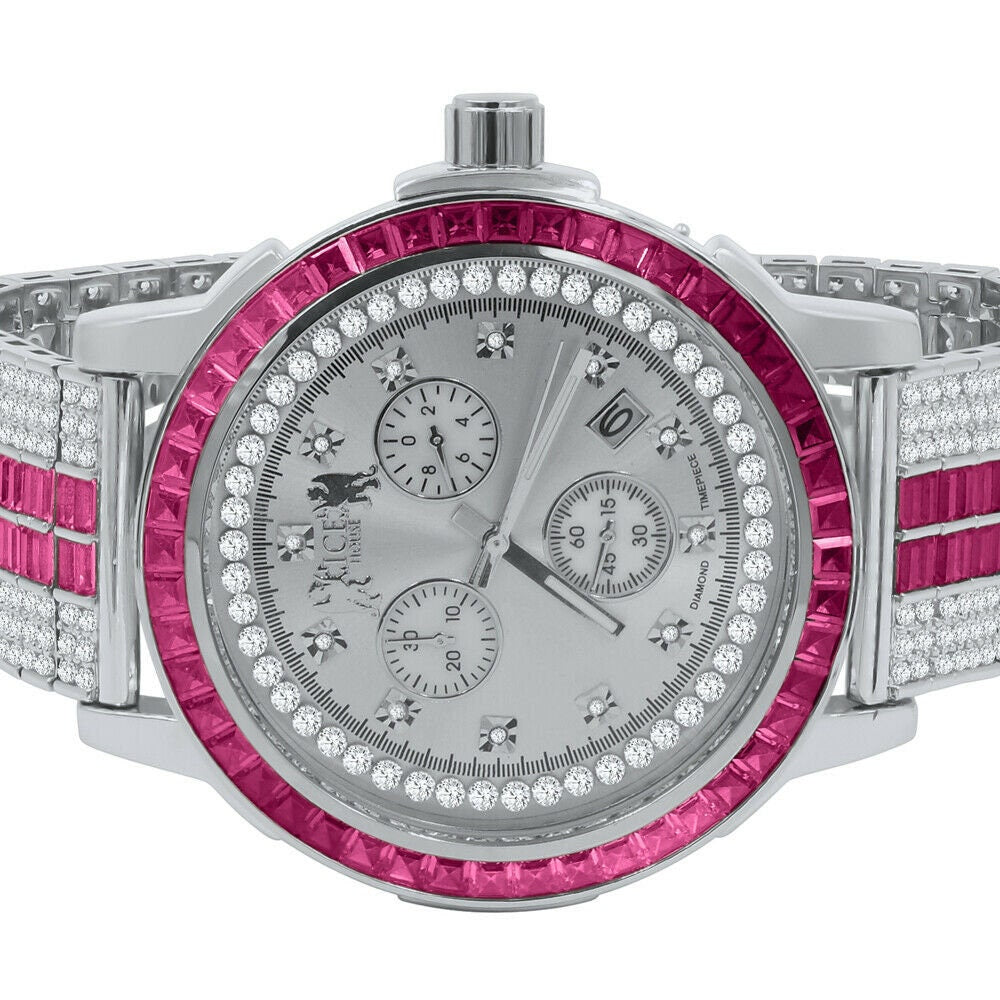 Mens Genuine Diamond Dial Stainless Steel Pink Face Custom Bezel White Gold Tone Adjustable Band Watch W/Date
