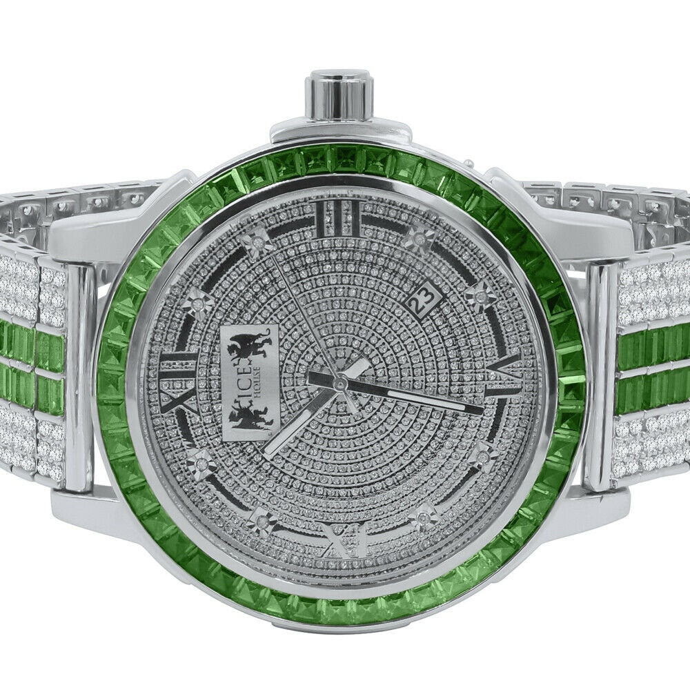 Emerald Green 18K White Gold finish Solid Stainless Steel Baguette Solitaire Bezel Adjustable Custom Band Watch