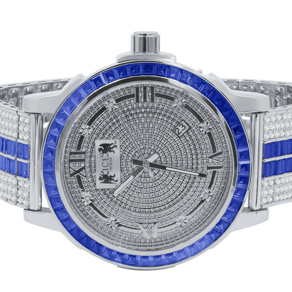 Real Diamond Dial Sapphire Blue White Gold Tone Mens Watch W/Date Adjustable Custom Band Stainless Steel Baguette Bezel