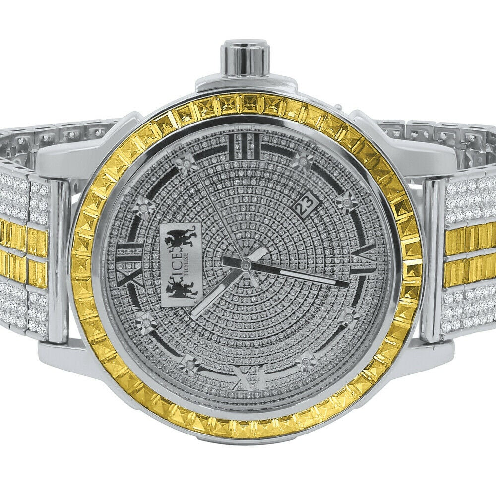 Mens Lemonade Canary White Gold Finish Real Diamond Dial Gold Finish Custom Band Watch W/Date Solid Steel Bezel