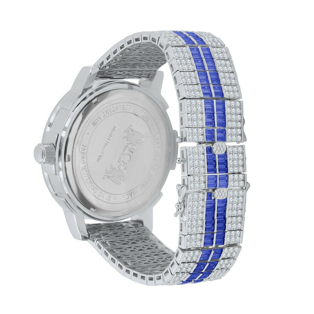 Solid Stainless Steel Baguette Solitaire Bezel Roman Dial Blue Band Mens White Gold Watch