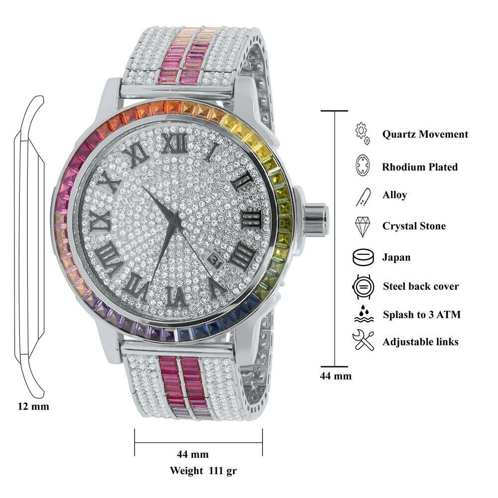 18K White Gold Finish Roman Face Rainbow Multi Dial Solid Steel Bezel Lab Diamond Watch W/Date