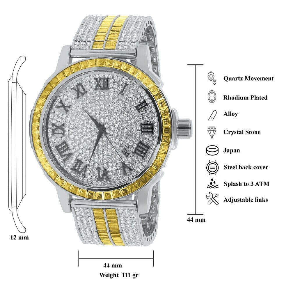 Solid Stainless Steel Bezel Lemonade Canary White Gold Finish Lab Diamond Dial Gold Finish Custom Band Watch W/Date
