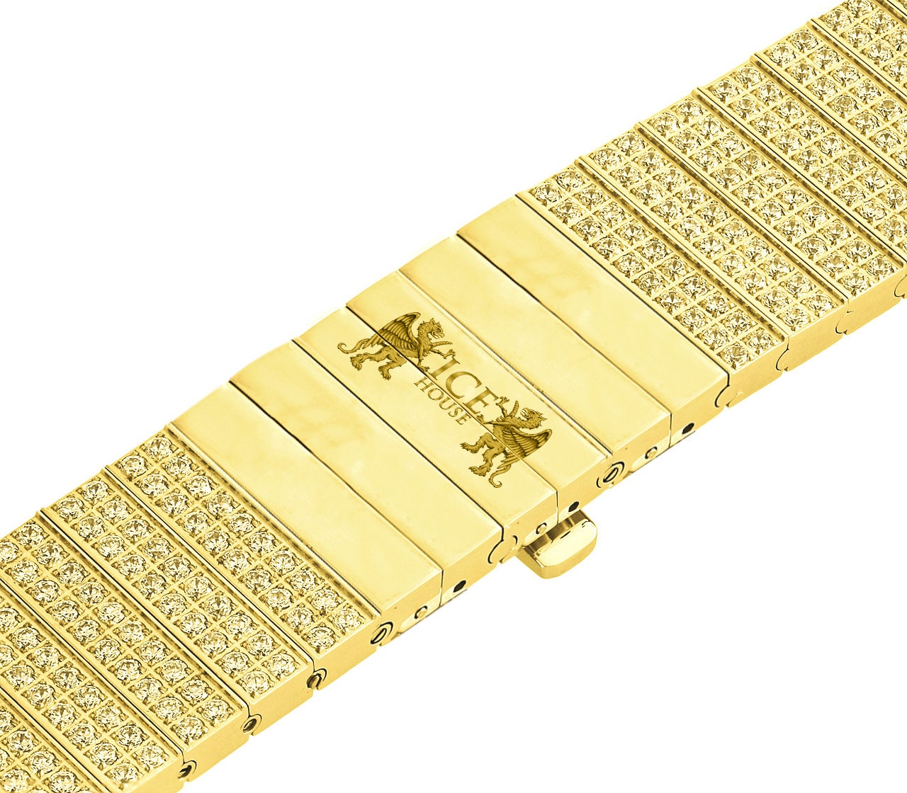 Men's 133+ Grams Solid Stainless Steel 18K Yellow Gold Finish CNC Set 18.00 Cwt. Simulated Diamond Custom Watch Band 24mm