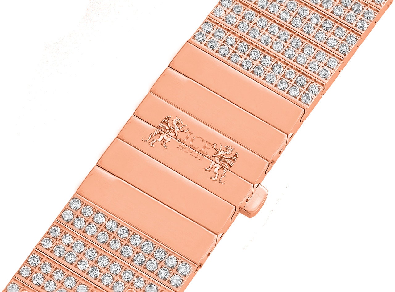 Men's 133+ Grams Solid Stainless Steel 18K Rose Gold Finish CNC Set 18.00 Cwt. Simulated Diamond Custom Watch Band 24mm