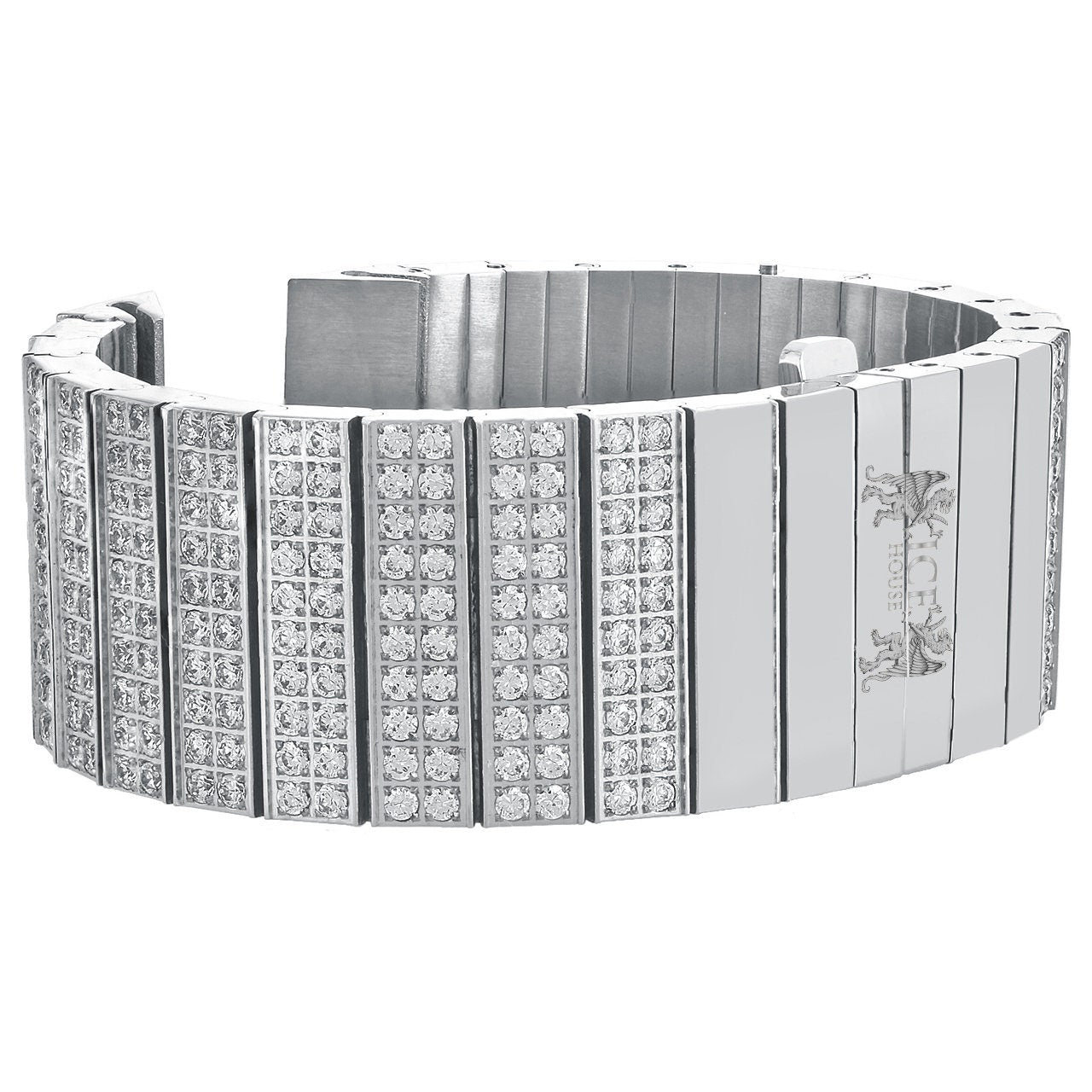 Men's 133+ Grams Solid Stainless Steel 18K White Gold Finish CNC Set 18.00 Cwt. Simulated Diamond Custom Watch Band 24mm