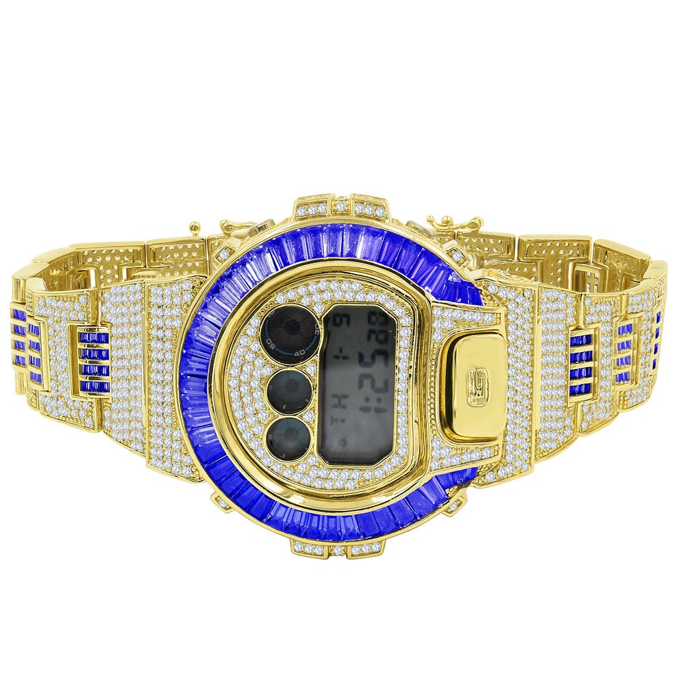 Adjustable Watch Baguette Diamonds Mens Blue Sapphire Solitaire Authentic Custom Casio G-Shock DW6900 Yellow Gold Finish
