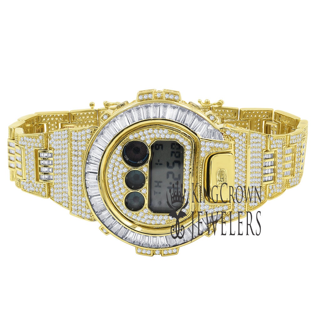 Baguette Bezel Band Real Authentic Custom Casio G-Shock DW6900 Mens Adjustable Watch Yellow Gold Finish Simulated Diamonds