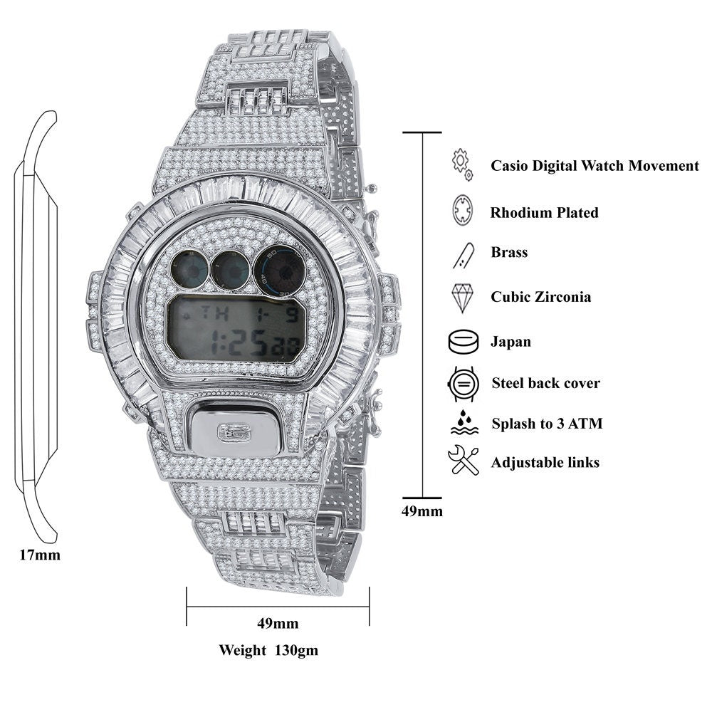 Baguette White Gold Finish Real Authentic Custom Casio G-Shock DW6900 Mens Adjustable Size Watch Simulated Diamonds
