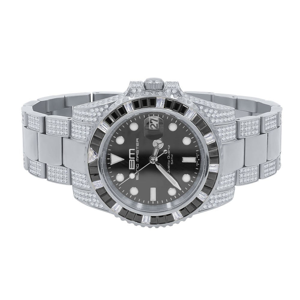 18k White Gold Finish Full Stainless Steel Simulated Diamond Mens Presidential Watch W/Date Function