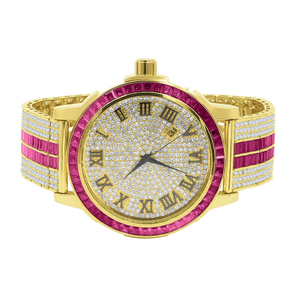 Mens Roman Numeral Ruby Red Dial Solid Steel Bezel Gold Tone Simulated Diamond Custom Adjustable Band Watch W/Date