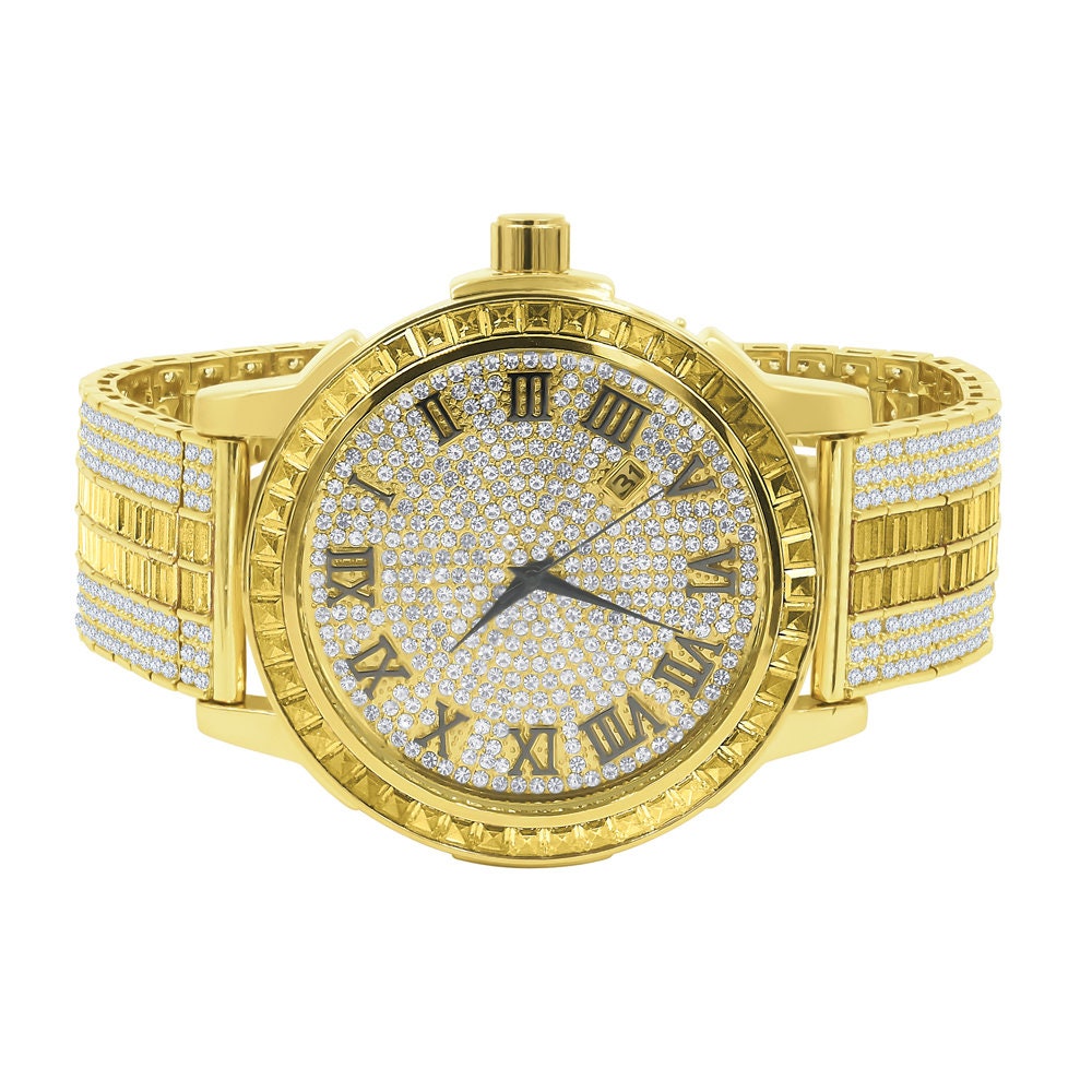 Gold Canary Tone Mens Roman Numeral Solid Steel Bezel Simulated Diamond Custom Adjustable Band Watch W/Date