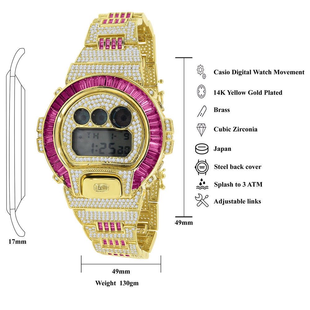 Mens Pink Tourmaline Baguette Authentic Custom Casio G-Shock DW6900 Adjustable Size Watch Yellow Gold Finish Simulated Diamonds