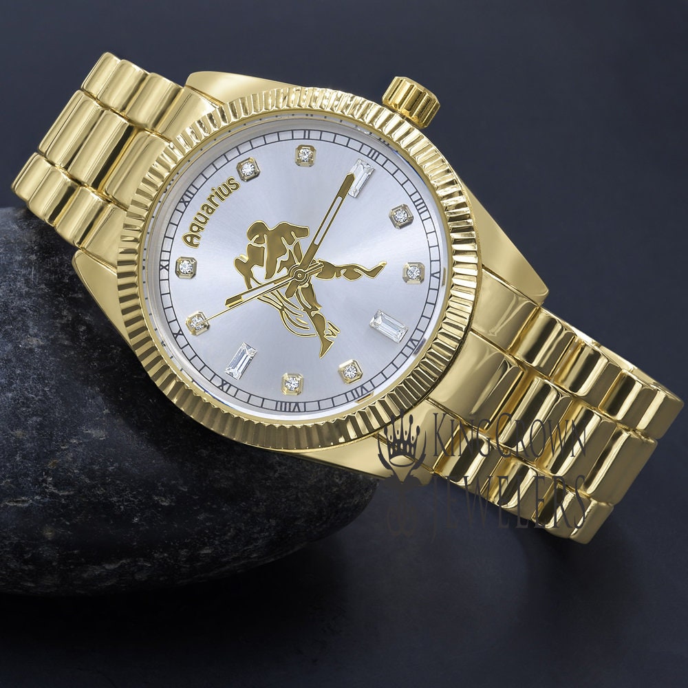 14K Gold Finish Zodiac Sign Aquarius Water Astrology Horoscope 5 ATM Water Resistant Metal Band Presidential Unisex Custom Watch 40mm