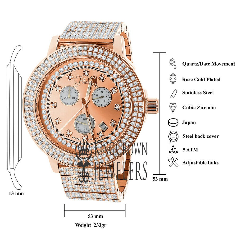 Full Solid Stainless Steel 18K Rose Gold Finish Simulated Diamond 5 ATM Water Resistant Men's Custom Watch With Date Function Big 54mm
