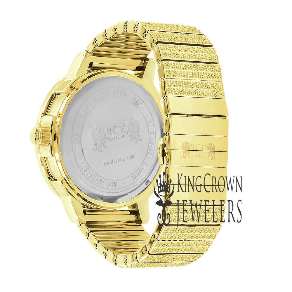 Men's Full Solid Stainless Steel Lemonade Canary Citrine 18K Gold Finish Simulated Diamond 5 ATM Water Resistant Watch With Date Function