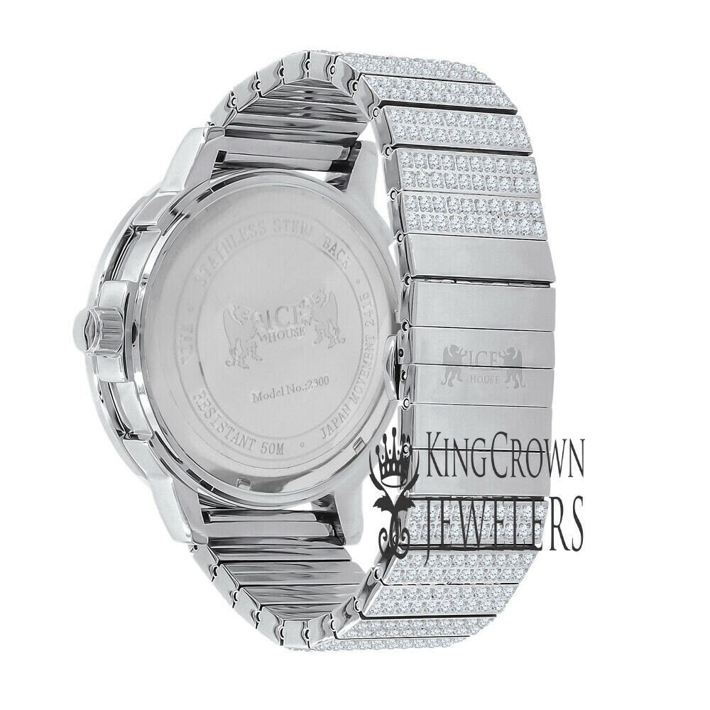 Full Solid Stainless Steel 18K White Gold Finish Simulated Diamond 5 ATM Water Resistant Men's Luxury Watch With Date Function Big 54 mm