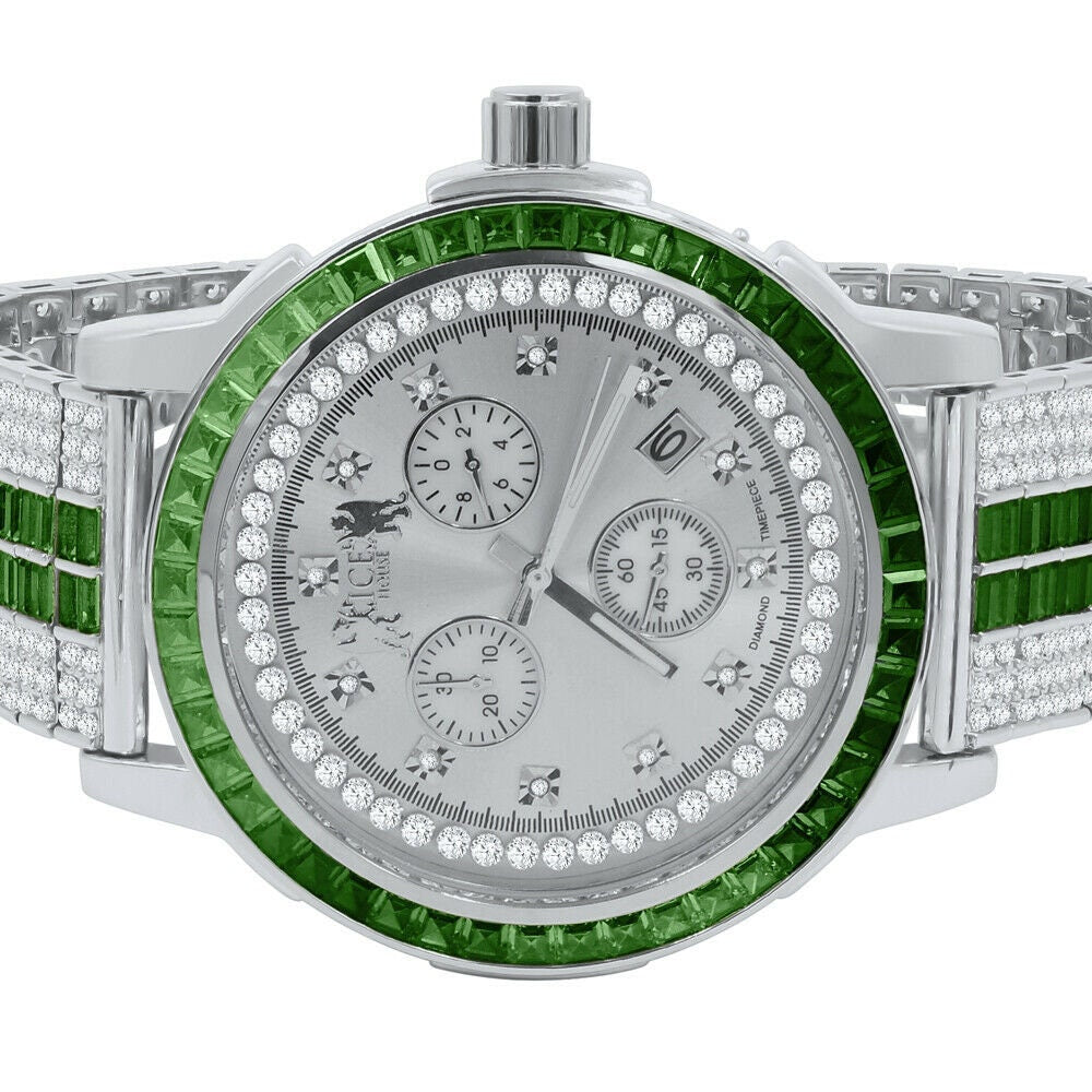 18K White Gold finish Emerald Green Solid Stainless Steel Baguette Solitaire Bezel Adjustable Custom Band Watch