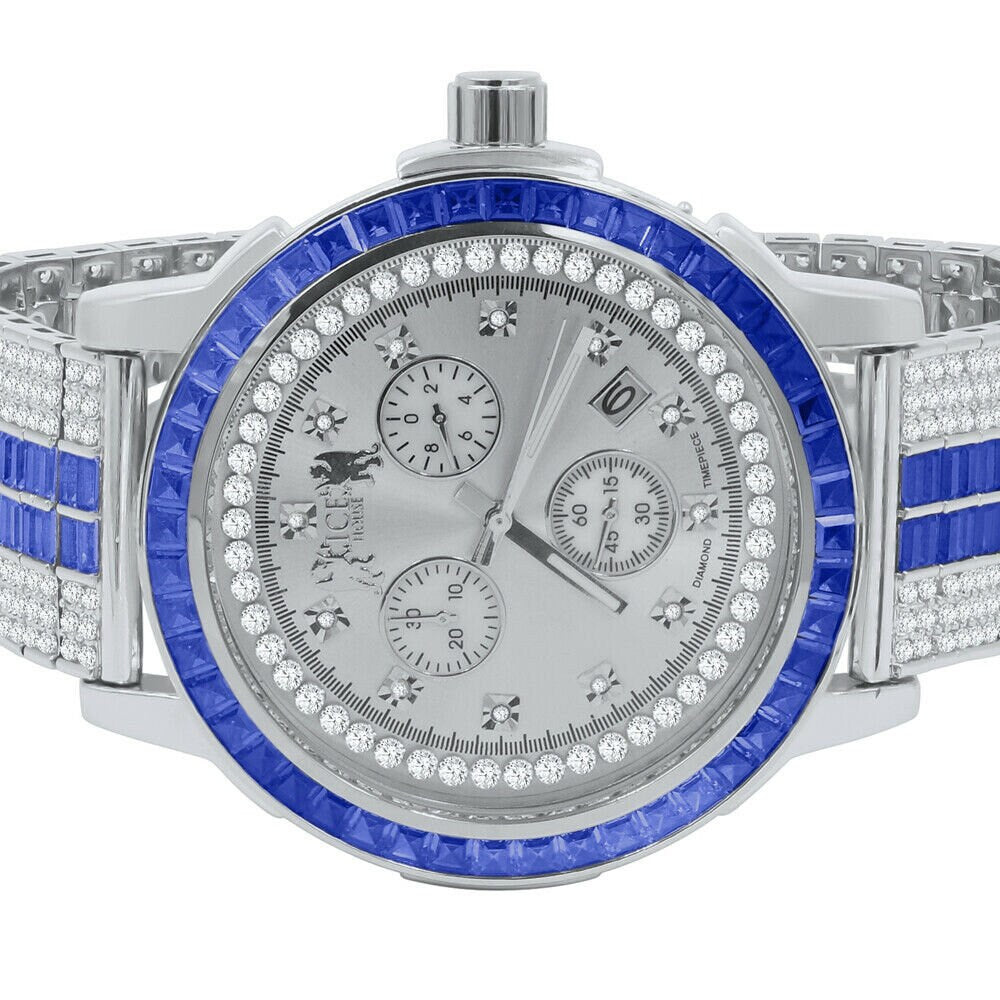 Sapphire Blue White Gold Tone Mens Watch W/Date Adjustable Custom Band Real Diamond Dial Stainless Steel Baguette Bezel