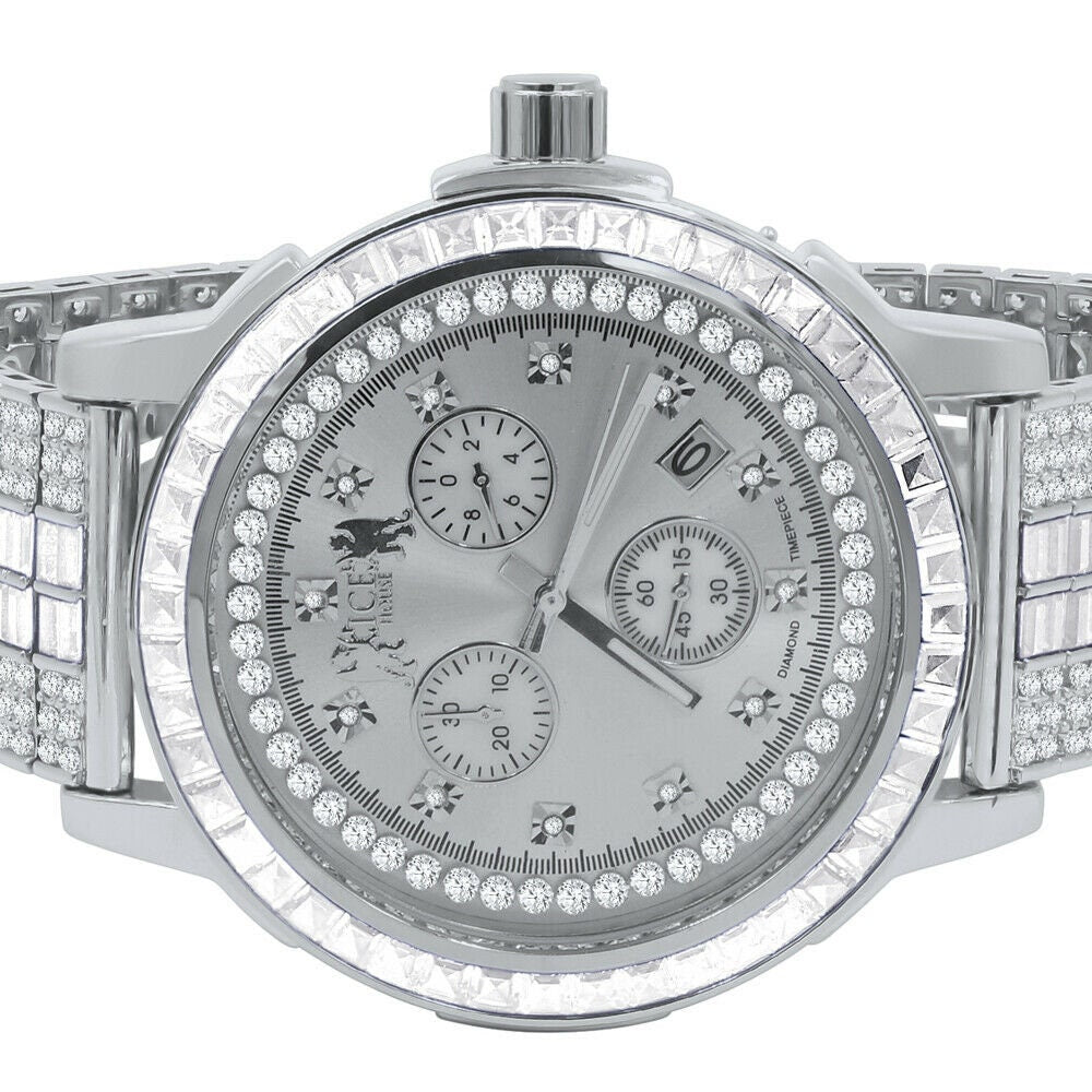 Mens 18K White Gold Finish Solid Stainless Steel Bezel W/Date Function Adjustable Custom Band Watch