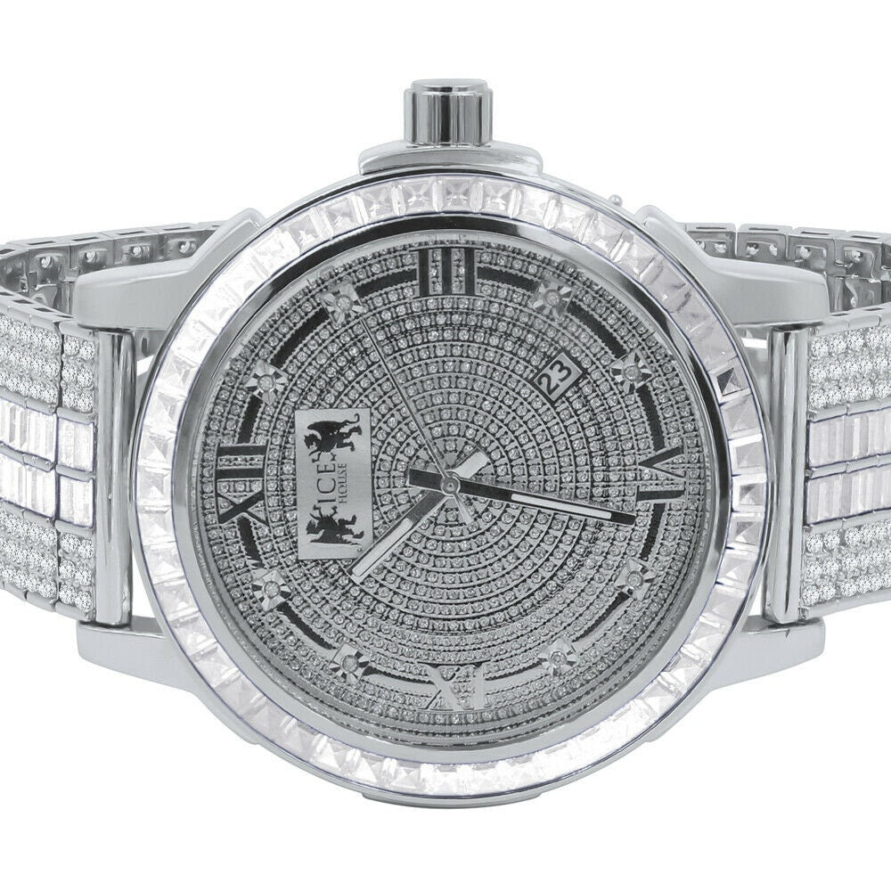 Custom Mens Watch 18K White Gold Finish Solid Stainless Steel Bezel W/Date Function Adjustable Band