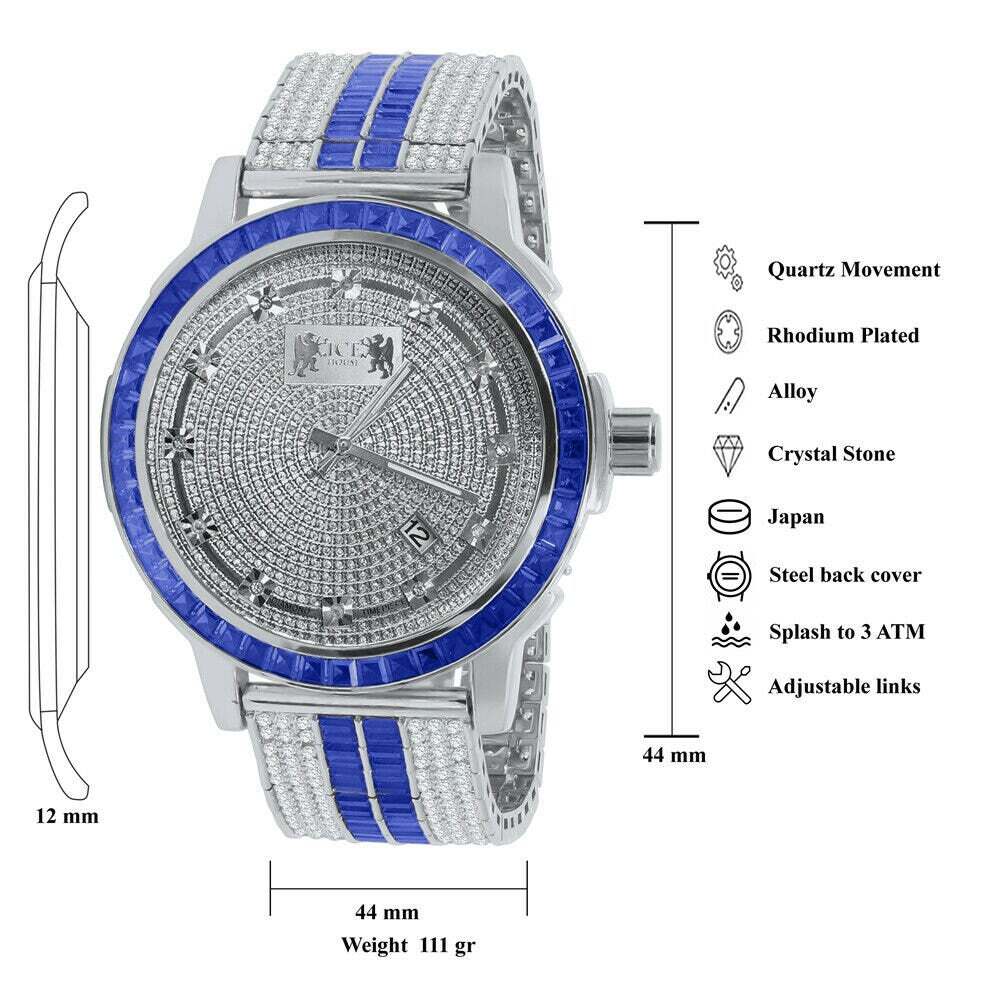 Genuine Real Diamond Dial Sapphire Blue White Gold Tone Mens Watch W/Date Adjustable Custom Band Stainless Steel Baguette Bezel