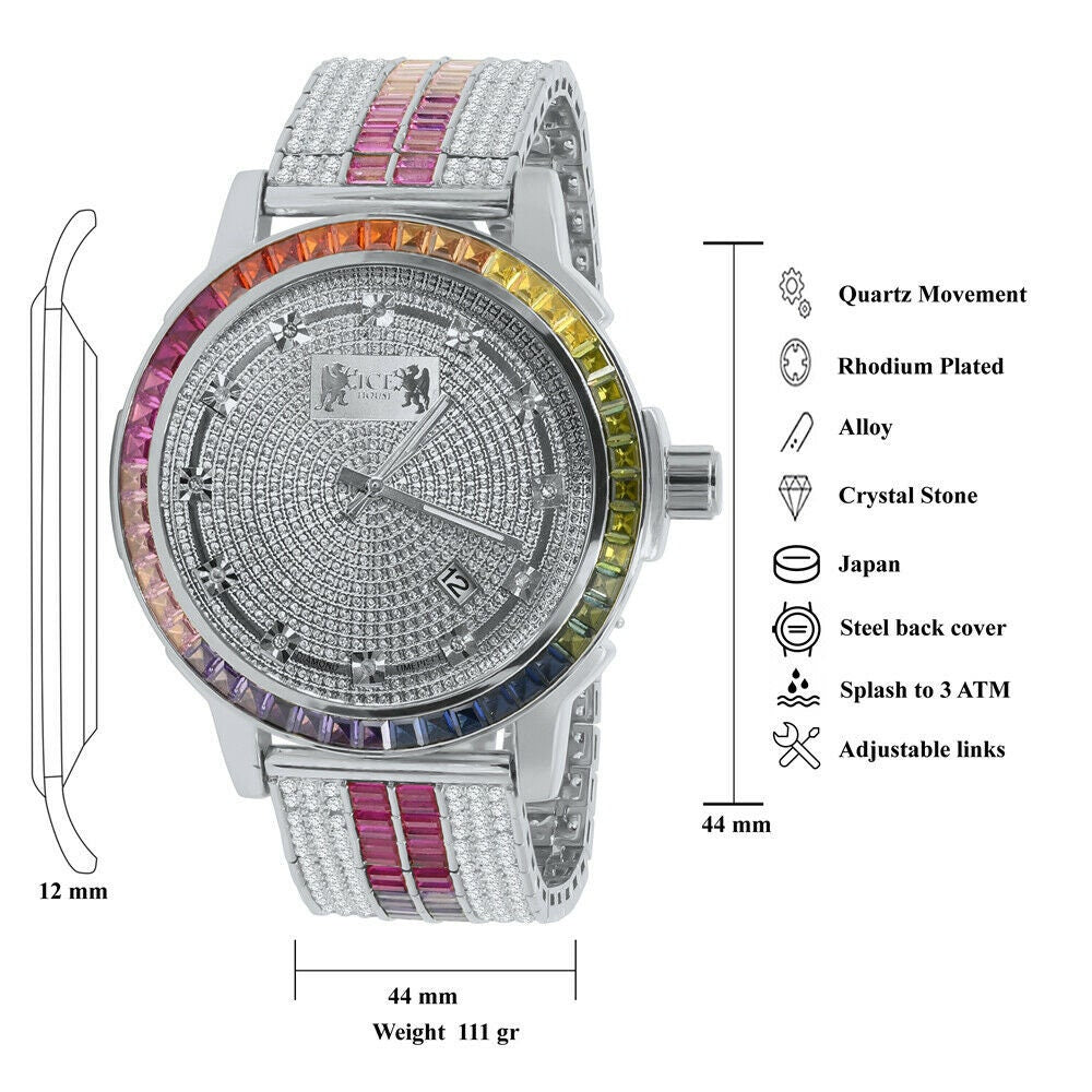 Solid Stainless Steel Bezel White Gold Finish Rainbow Multi Tone Mens Watch Real Diamond Dial W/Date Function