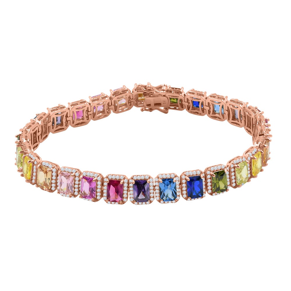 14K Rose Gold Finish Rainbow Multi Tone Simulated Diamonds Solitaire Mens Ladies Bracelet 10mm / 8.5 Inch
