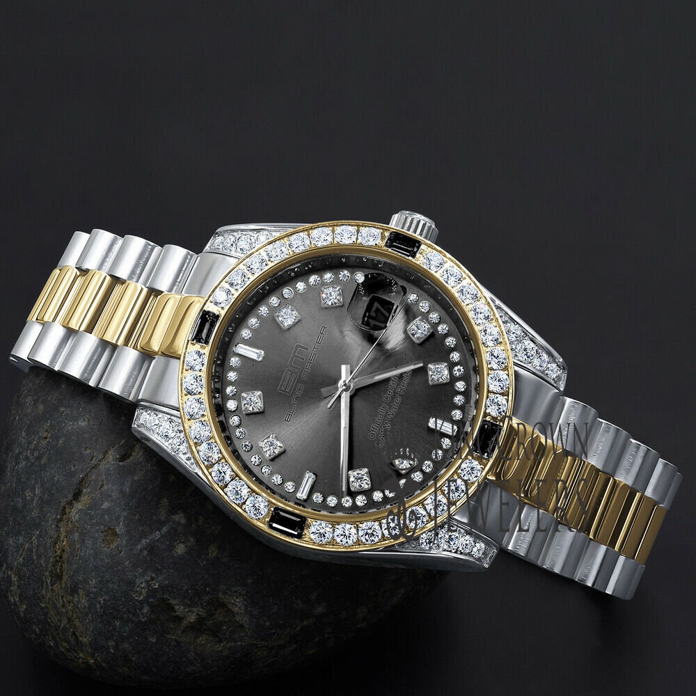 Solid Stainless Steel Black Dial 2 Tone Gold Finish Mens Simulated Diamond 40mm Presidential Watch