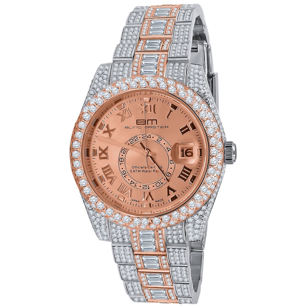 2 Tone 18K Rose Gold Plated Full Stainless Steel Simulated Diamonds Mens Watch 42mm W/Date