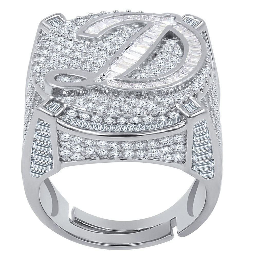 Men's 14K White Gold Finish 2.00 Cwt. Baguette/Round Cut Simulated Diamond Initial Letters Alphabet Ring Band (Adjustable Size 10 Up To 12)