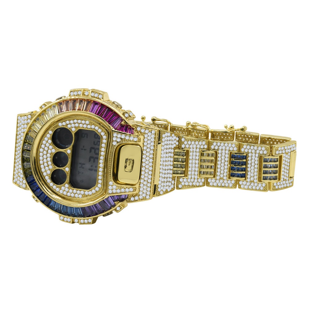 Adjustable Size Watch Baguette Round Cut Diamonds Rainbow Multi Tone Authentic Custom Casio G-Shock DW6900 Mens Yellow Gold Finish