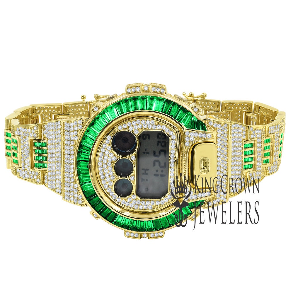 Adjustable Watch Baguette Emerald Green Authentic Custom Casio G-Shock DW6900 Mens Yellow Gold Finish Simulated Diamonds