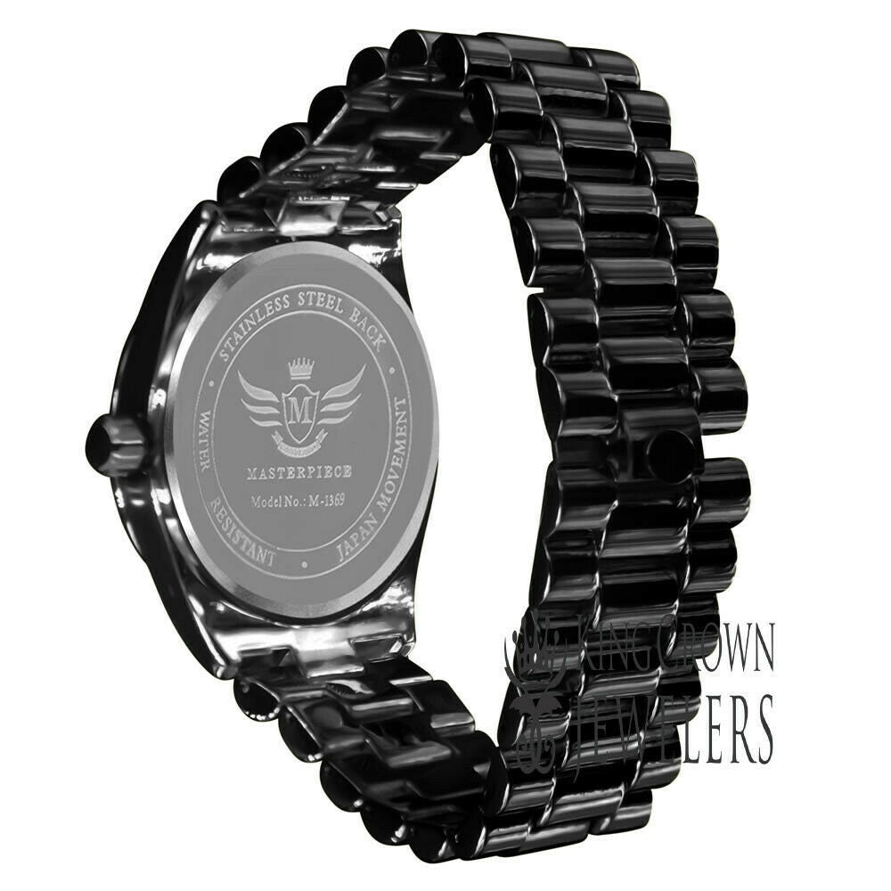 Mens Blue Dial Face 14K Black Gold Tone Day/Date Function Solid Steel Back Water Resistance Metal Band Watch