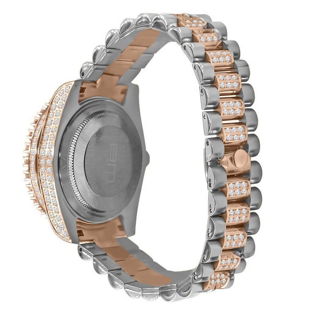 18K Rose Gold Tone Solid Full Stainless Steel Simulated Diamonds Presidential Roman Numeral Dial Watch 41mm W/Date