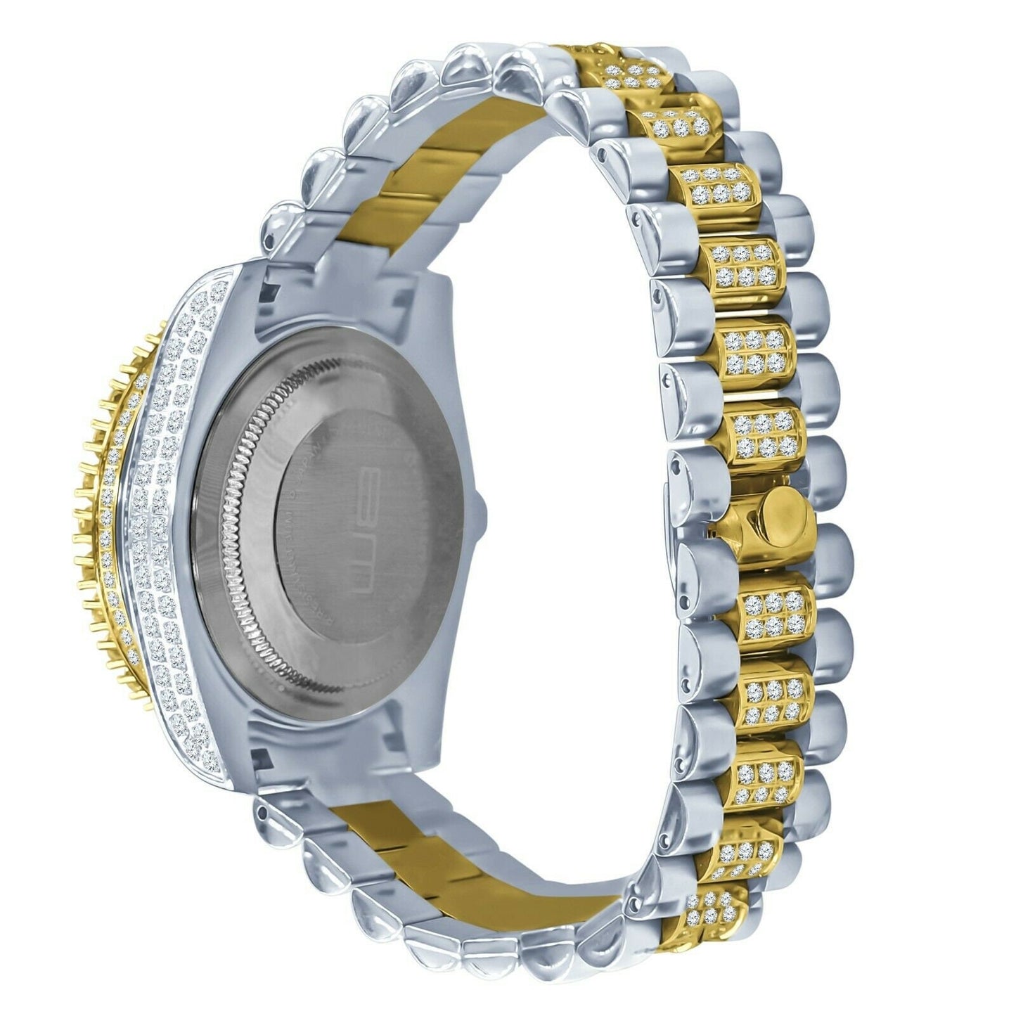 2 Tone Gold Finish Solid Full Stainless Steel Simulated Diamonds Presidential Roman Numeral Dial Watch 41mm W/Date