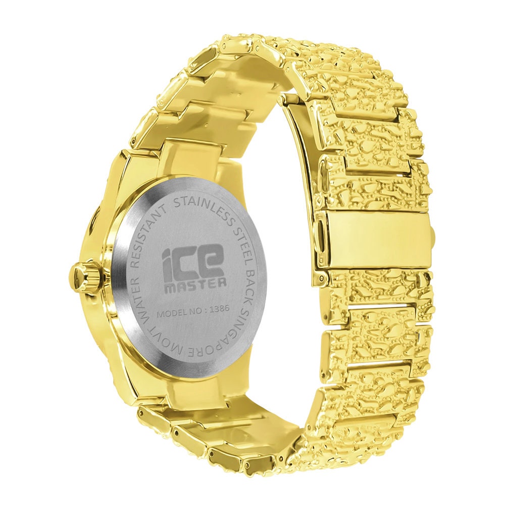 Red Ruby Face Arabic Numeral Dial Yellow Gold Tone Simulated Diamond Nugget Style Mens Steel Watch 44mm