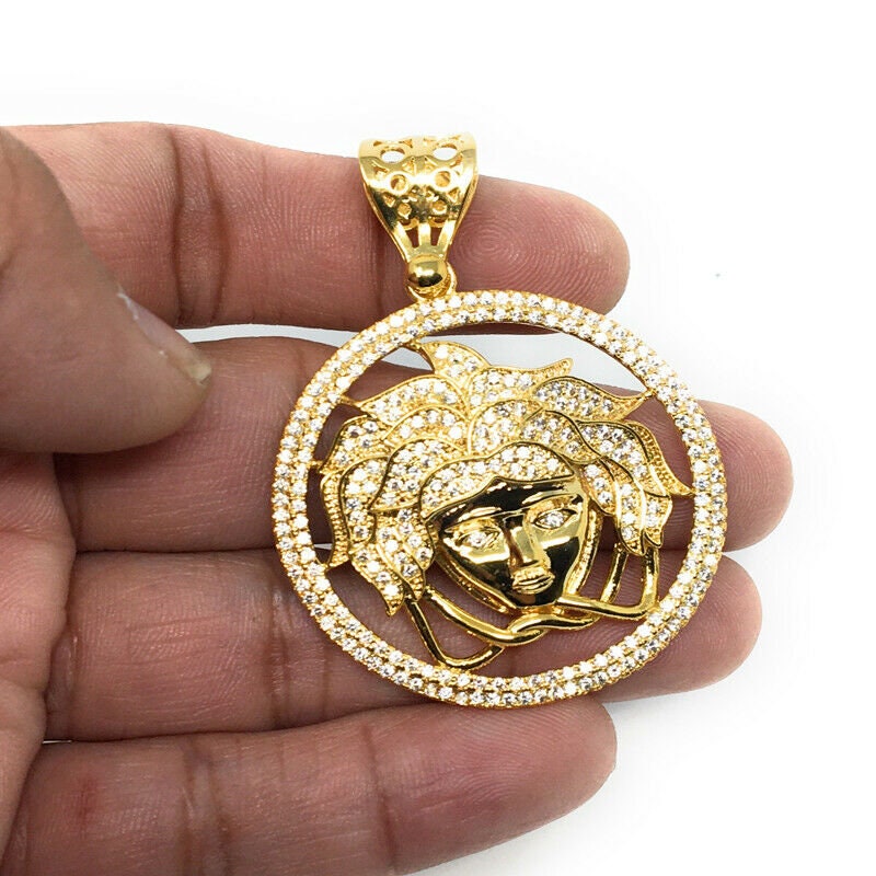 Men's 14k Yellow Gold Finish Simulated Diamond Lion Head Charm Pendant 2.25"