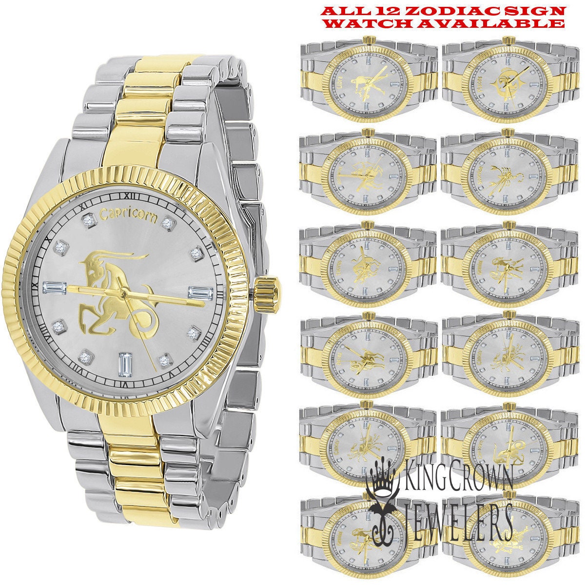 14K Gold Finish Zodiac Sign Capricorn Goat Astrology Horoscope 5 ATM Water Resistant Metal Band Presidential Unisex Custom Watch 40mm