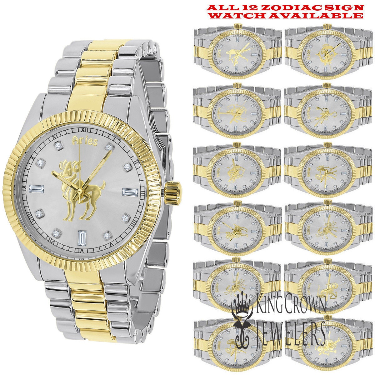 14K Gold Finish Zodiac Sign Aries Ram Astrology Horoscope 5 ATM Water Resistant Metal Band Presidential Unisex Custom Watch 40mm