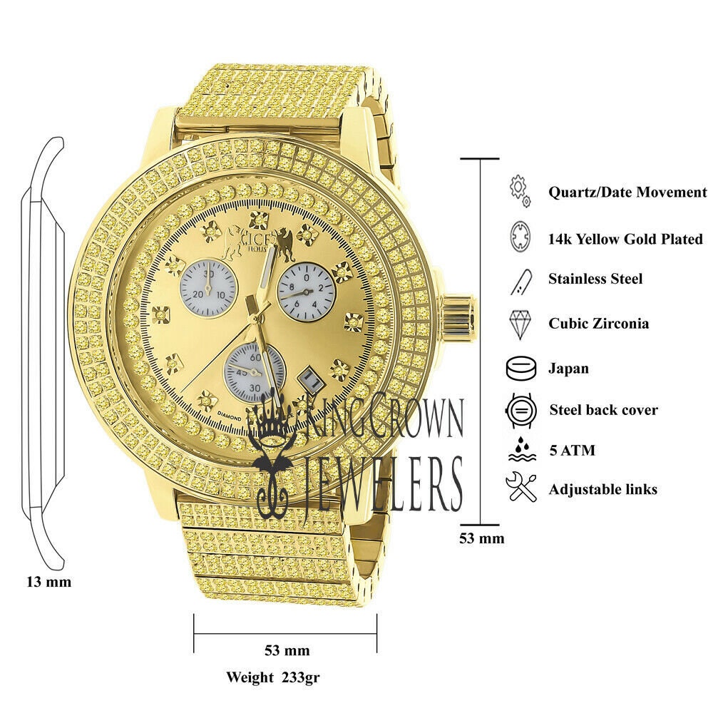 Full Solid Stainless Steel Lemonade Canary Citrine 18K Gold Finish Simulated Diamond 5 ATM Water Resistant Men's Watch With Date Function