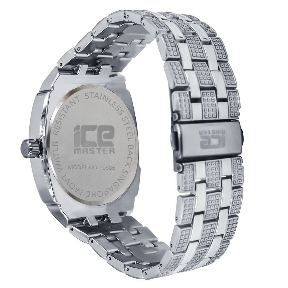 14K White Gold Finish Simulated Diamonds Stainless Steel Back Analog Metal Band Mens Watch