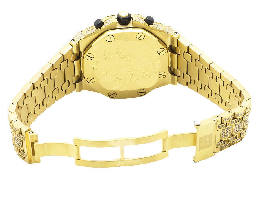 18K Yellow Gold Full Stainless Steel Mens Simulated Diamond Chronograph Watch 43MM