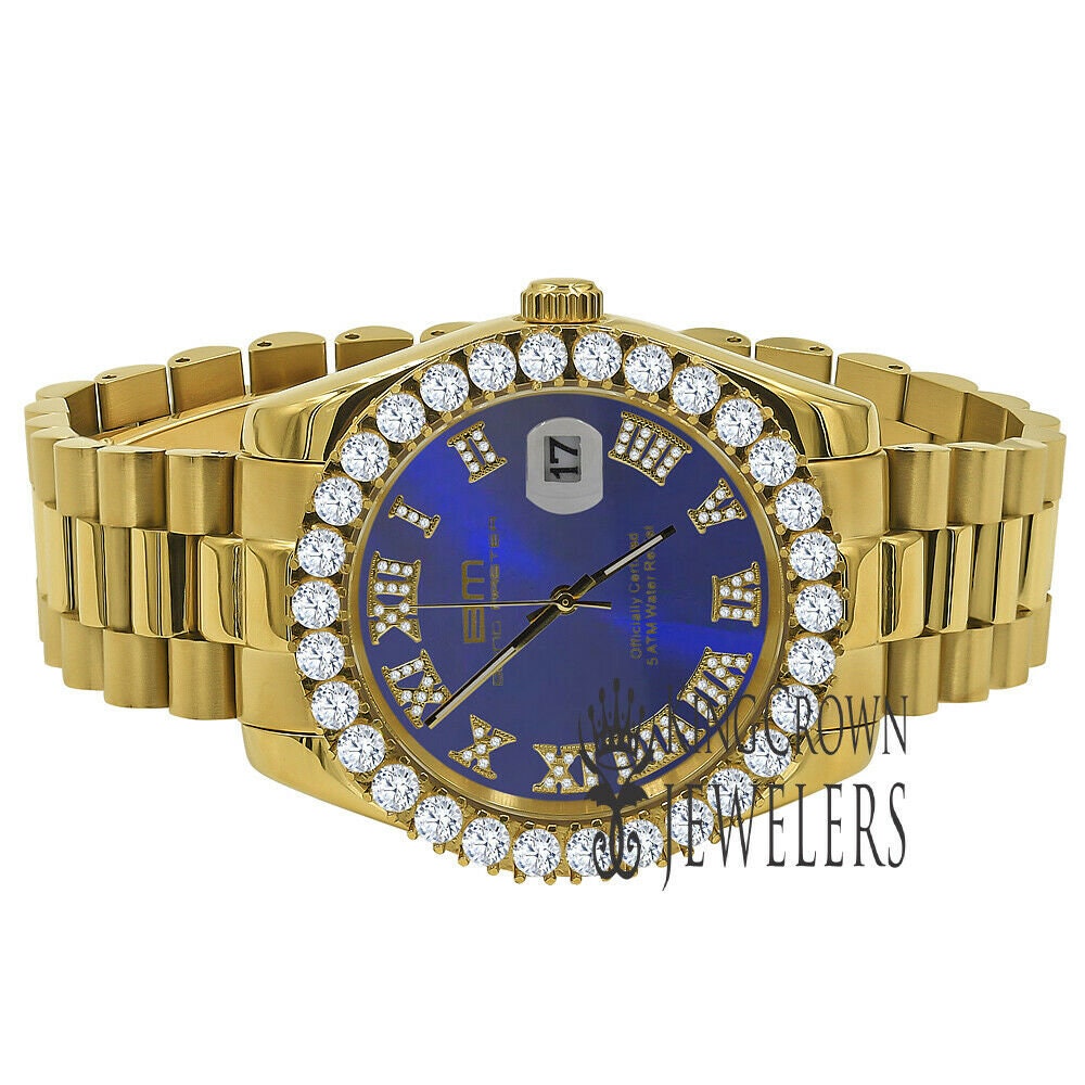 Solid Stainless Steel Roman Numeral Face Blue Sapphire Dial 18K Yellow Gold Finish Simulated Diamond 5 ATM Water Resistant Watch W/Date 42mm