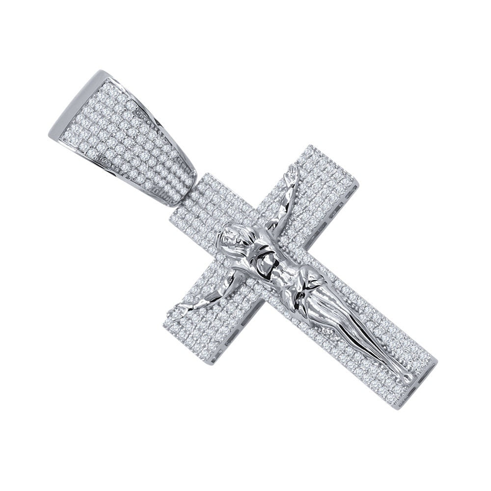 14K White Gold On Real Sterling Silver Simulated Diamond Jesus Crucifix Cross Charm Pendant 2.85''